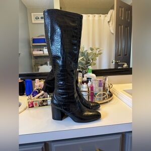 Franco Sarto Black Croc-Pattern Over the Knee Boots